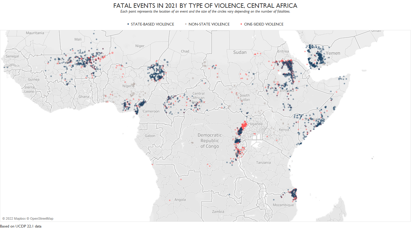 UCDP GED map: fatal events in 2021 by type of violence, Central Africa