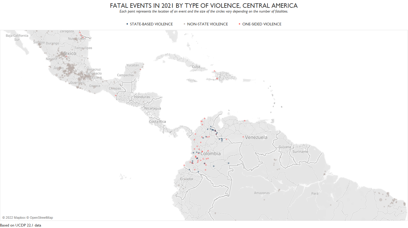 UCDP GED map: fatal events in 2021 by type of violence, Central America
