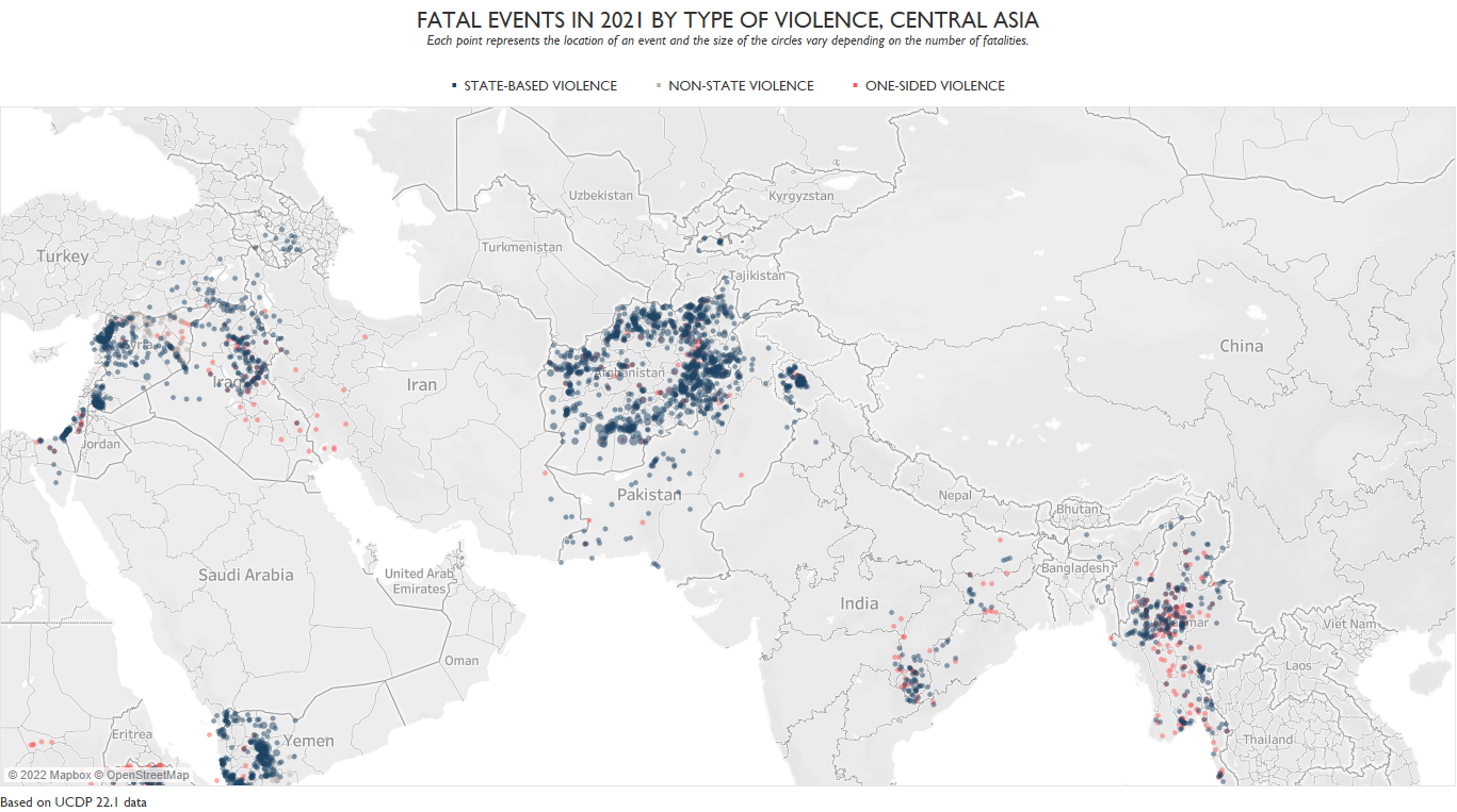 UCDP GED map: fatal events in 2021 by type of violence, Central Asia