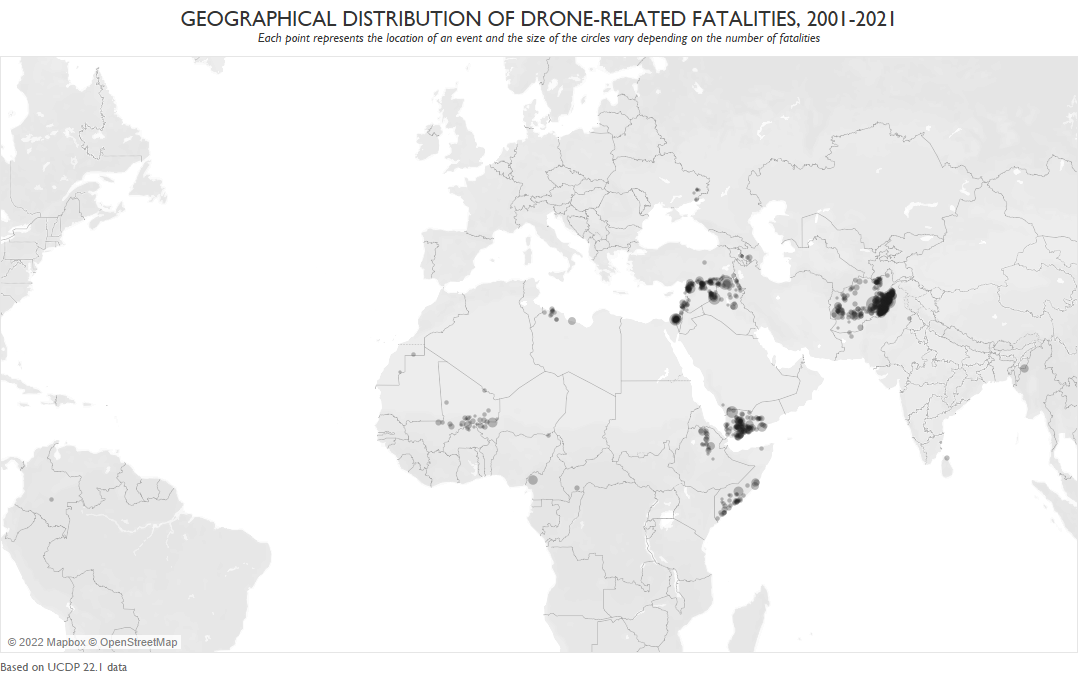 UCDP GED map: Geographical distribution of drone-related fatalities (2001-2021)