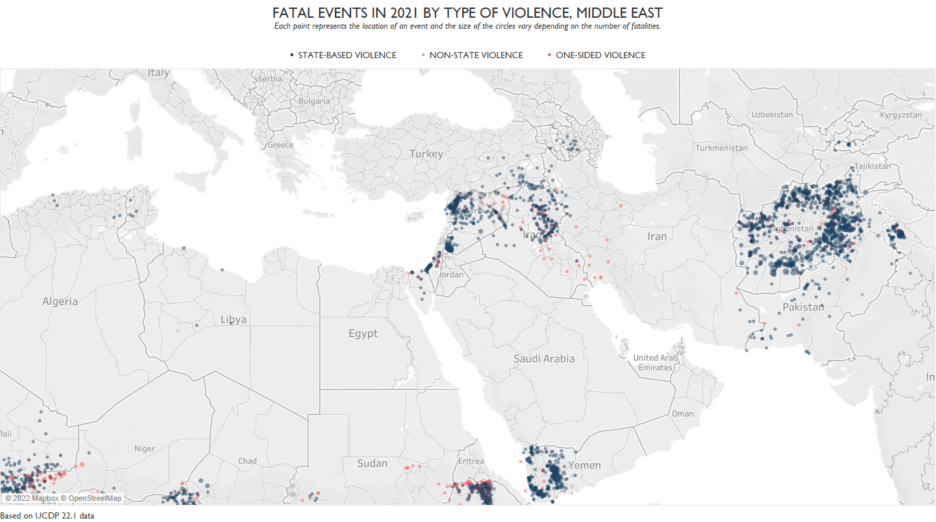 UCDP GED map: fatal events in 2021 by type of violence, Middle East