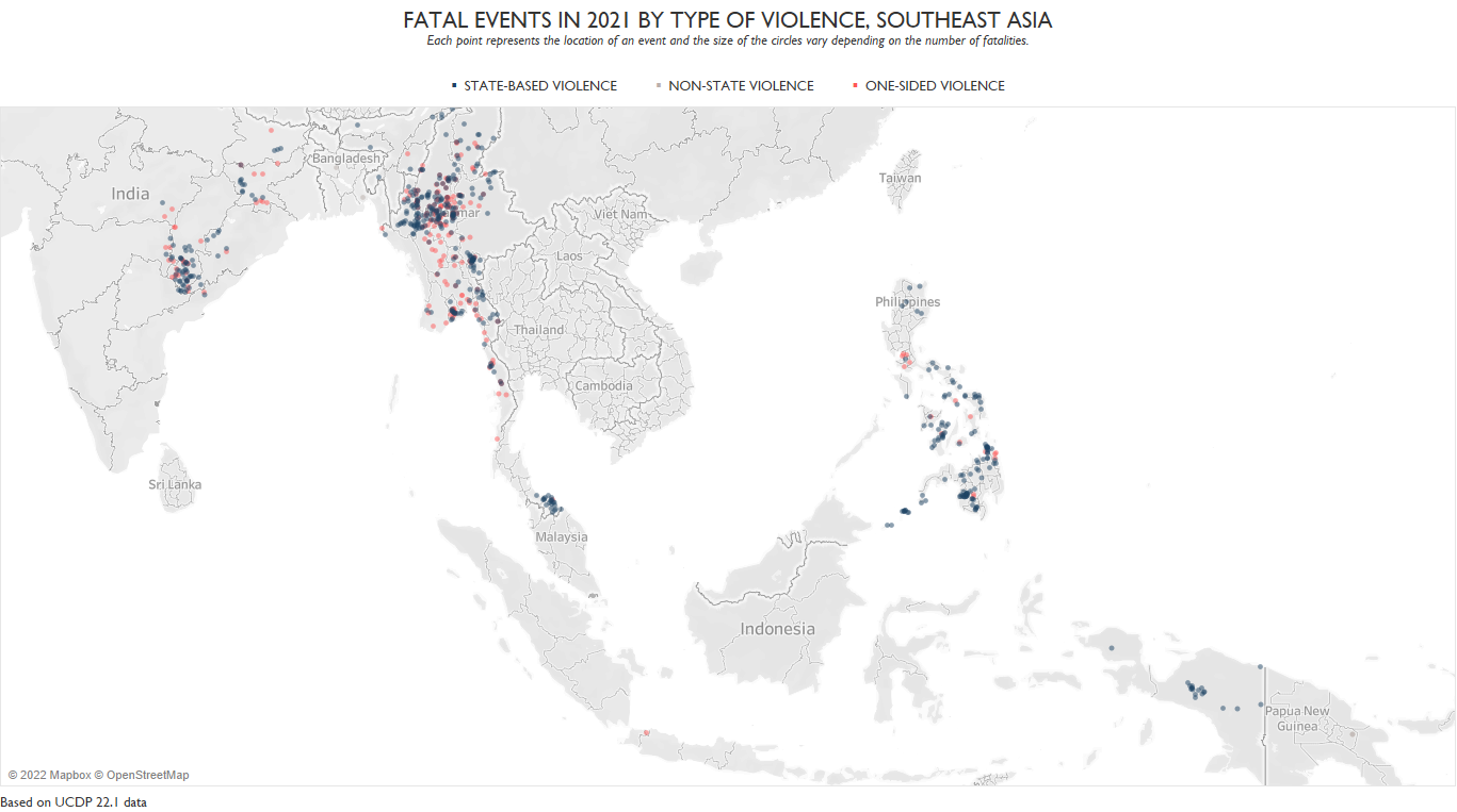UCDP GED map: fatal events in 2021 by type of violence, Southeast Asia