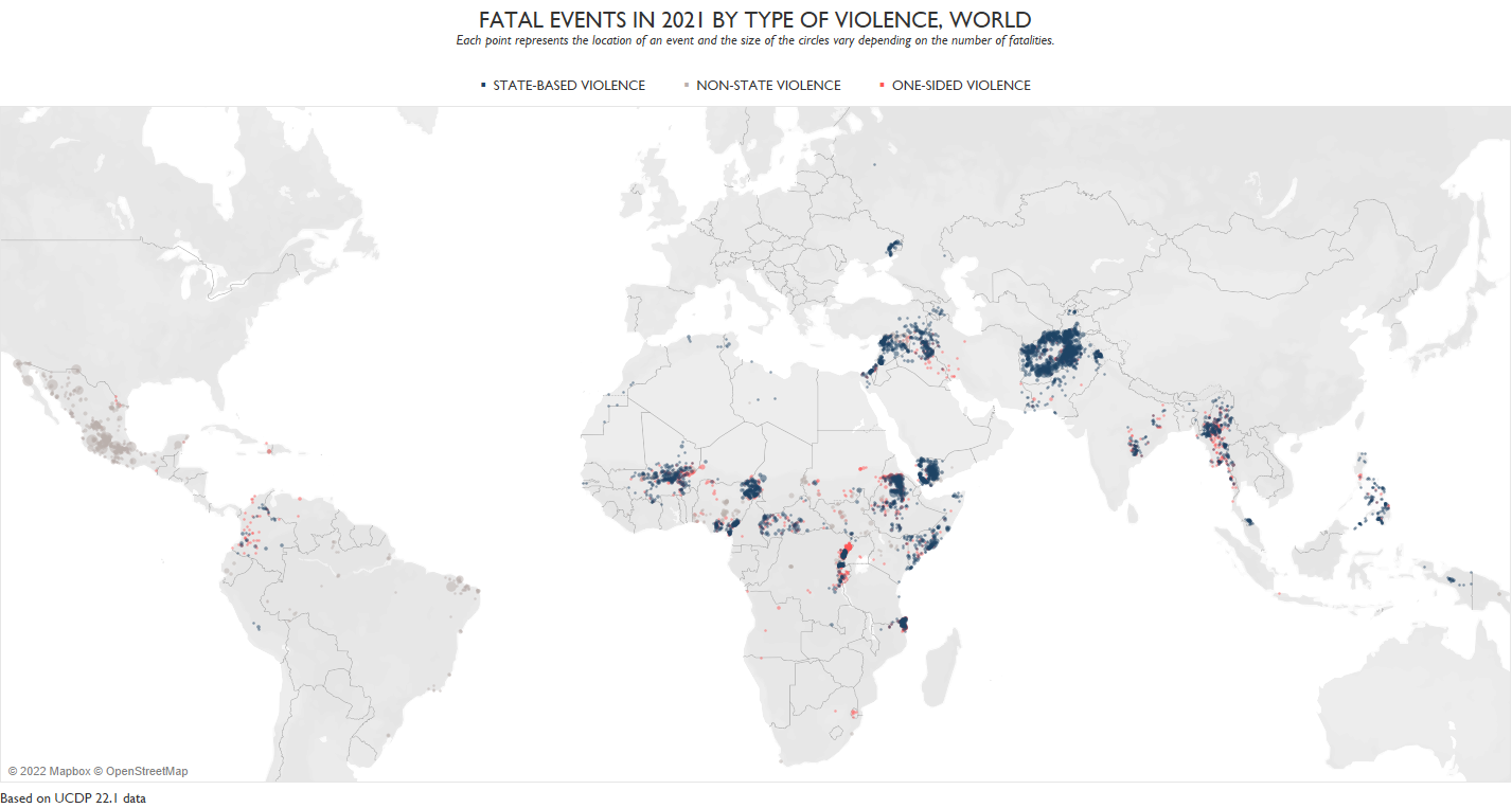 UCDP GED map: fatal events in 2021 by type of violence, world map